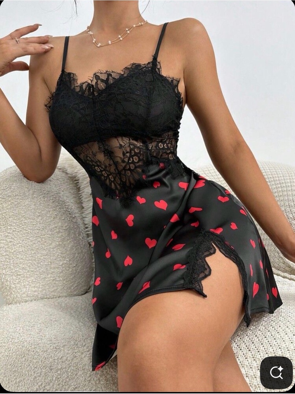 Victoria's Secret 2022 Black Satin Slip with Red Heart Print and Lace